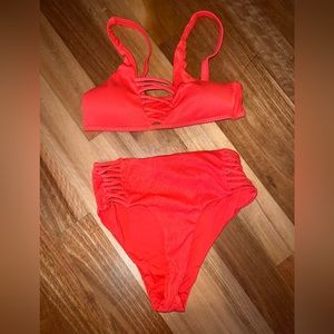 Red Strappy Ribbed Bikini